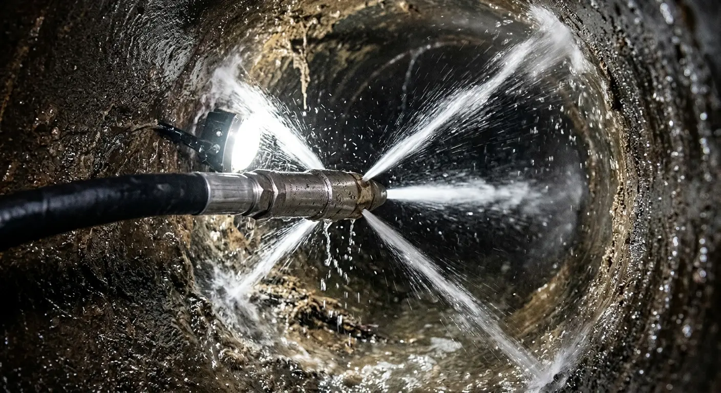 High-pressure hydro jetting nozzle cleaning sewer pipe for Sewer Cleanout in Folsom