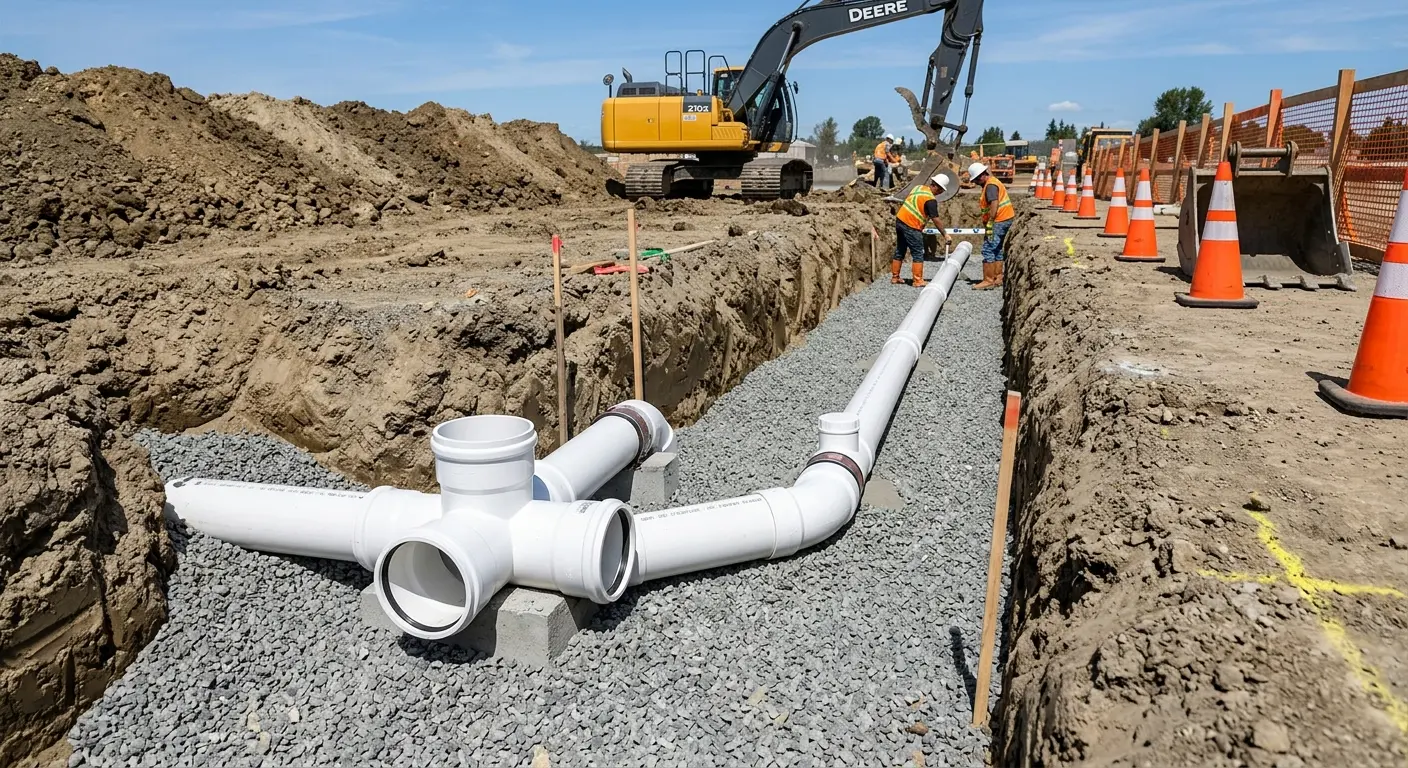 New PVC sewer pipe installation in open trench for Sewer Backup in Folsom