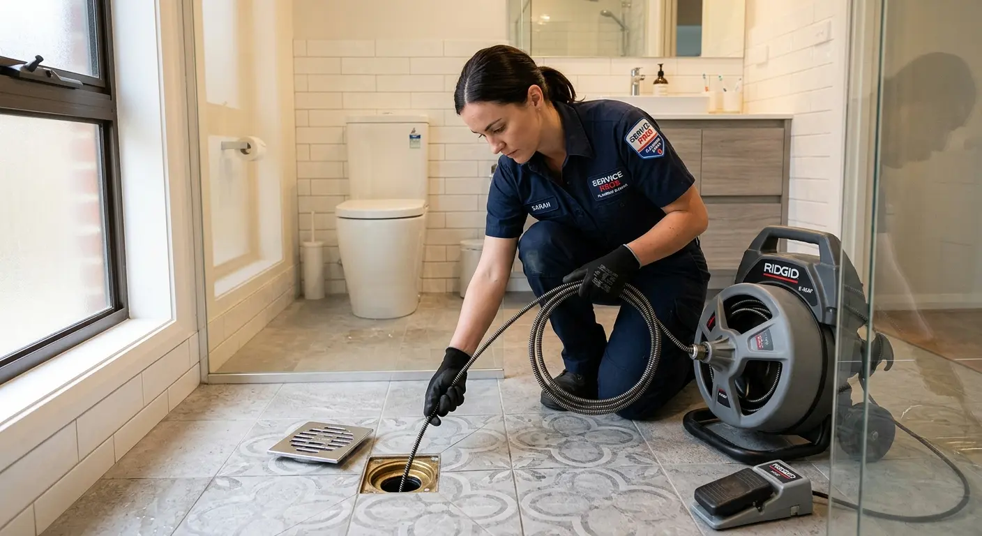Technician clearing a bathroom floor drain for Hydro Jetting in Folsom